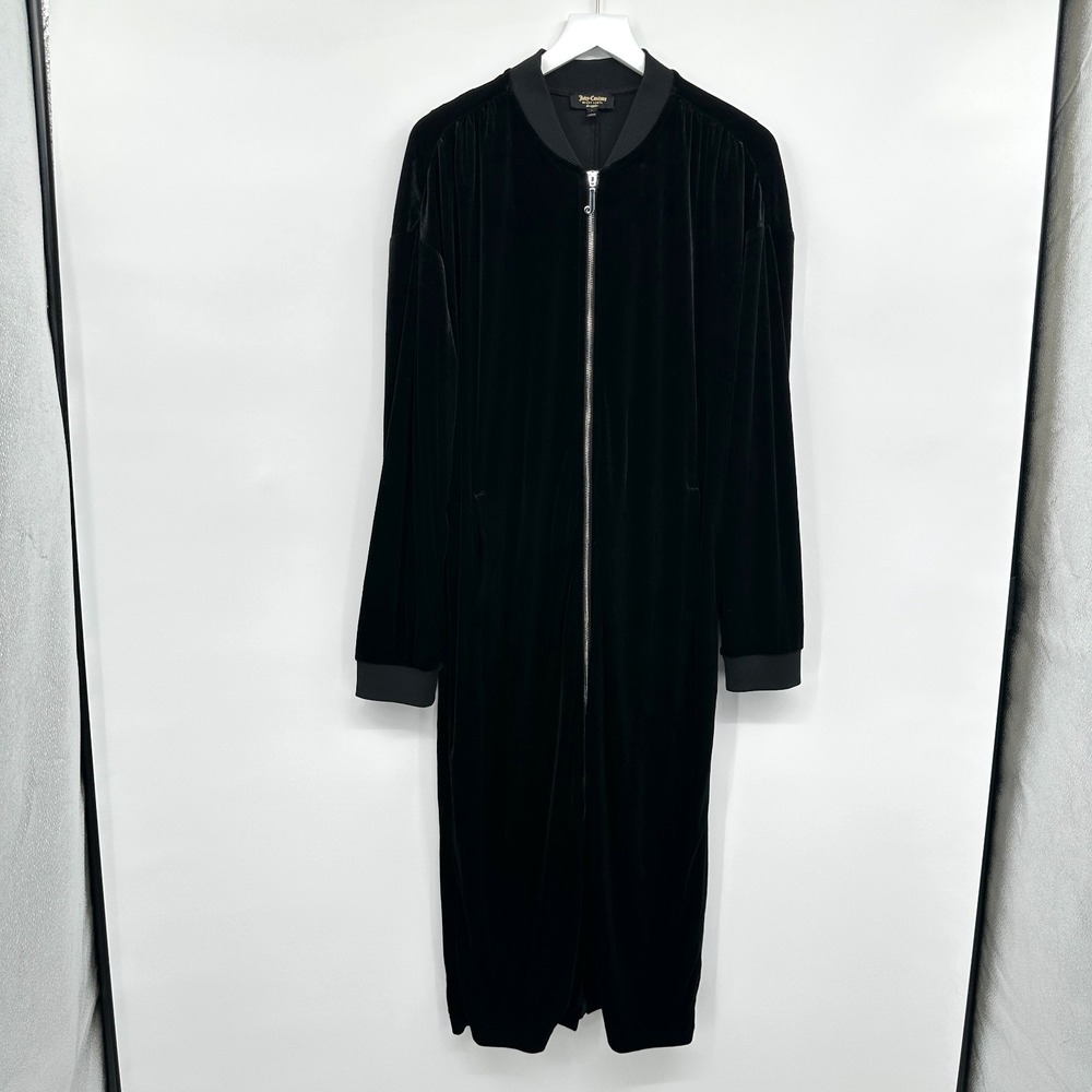 Juicy Couture Velvet Longline Bomber Jacket Duster Size Large Stretch Pockets - Picture 13 of 13